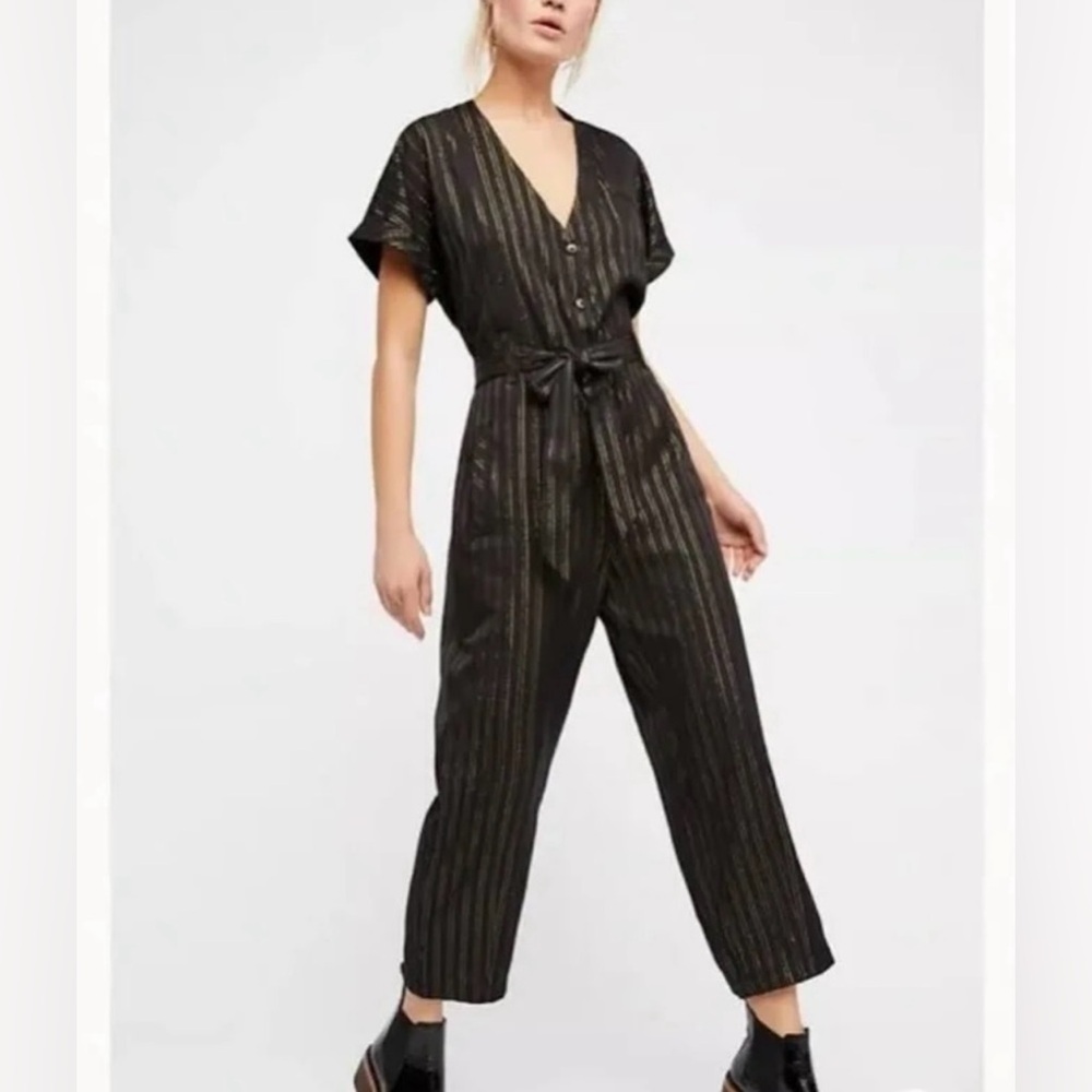 Free People Black Lurex Gold Pinstripe Jumpsuit - Picture 15 of 15